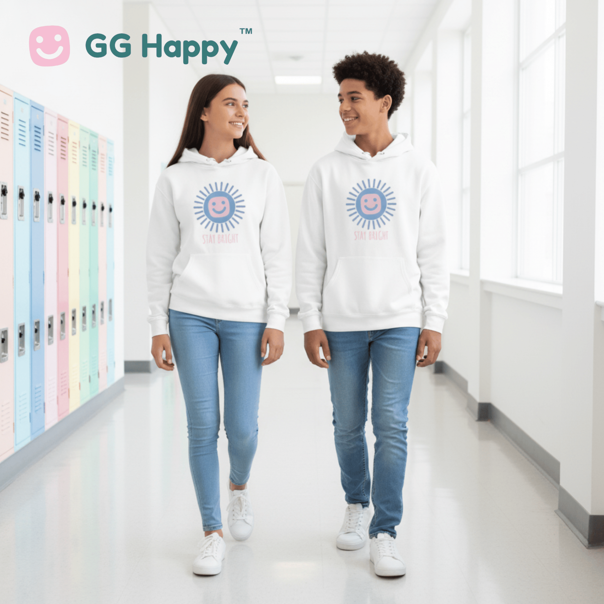 “Stay Bright” Youth Hoodie | White Edition | GG Happy™ Collection | Positive Kids Sweatshirt - GG Happy
