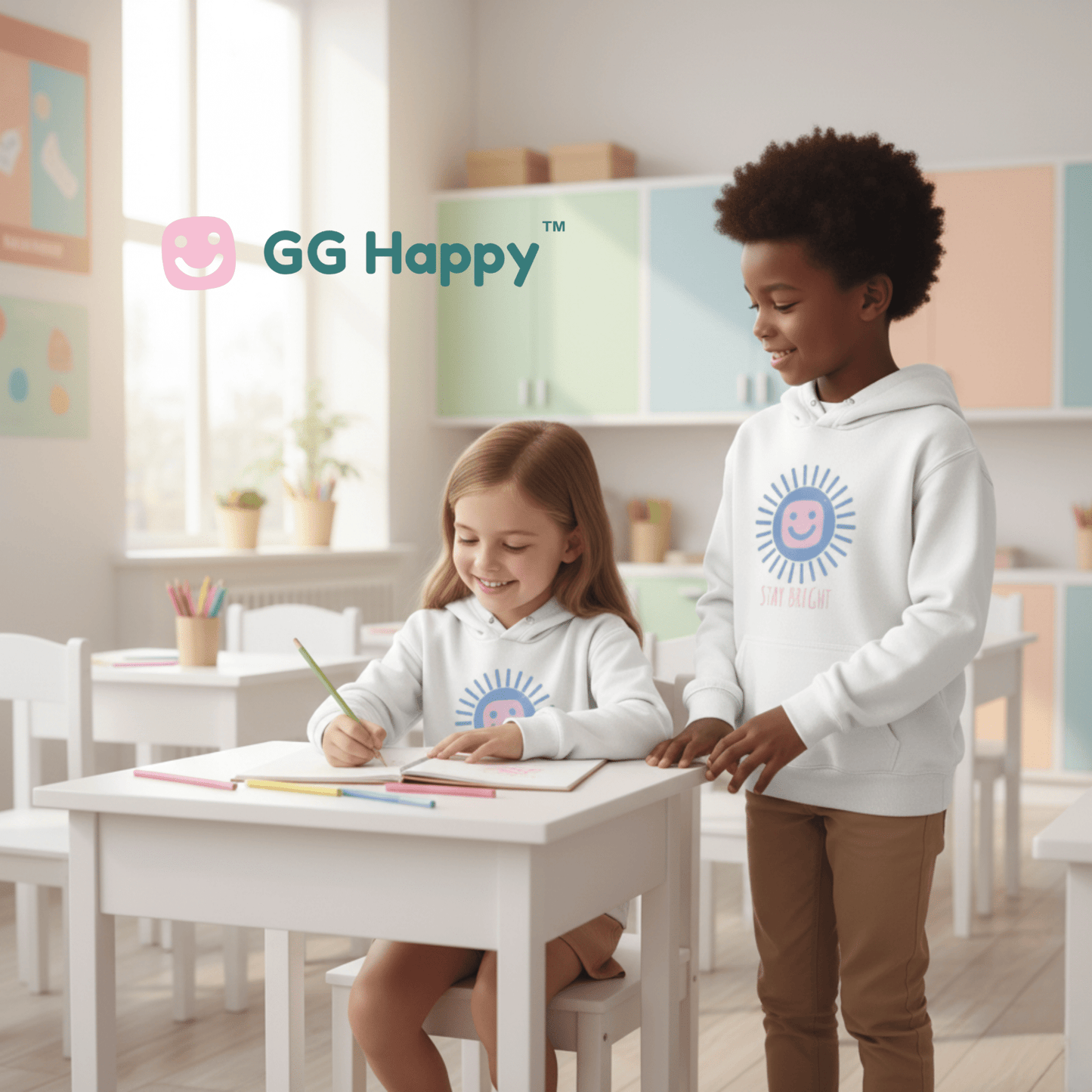 “Stay Bright” Youth Hoodie | White Edition | GG Happy™ Collection | Positive Kids Sweatshirt - GG Happy