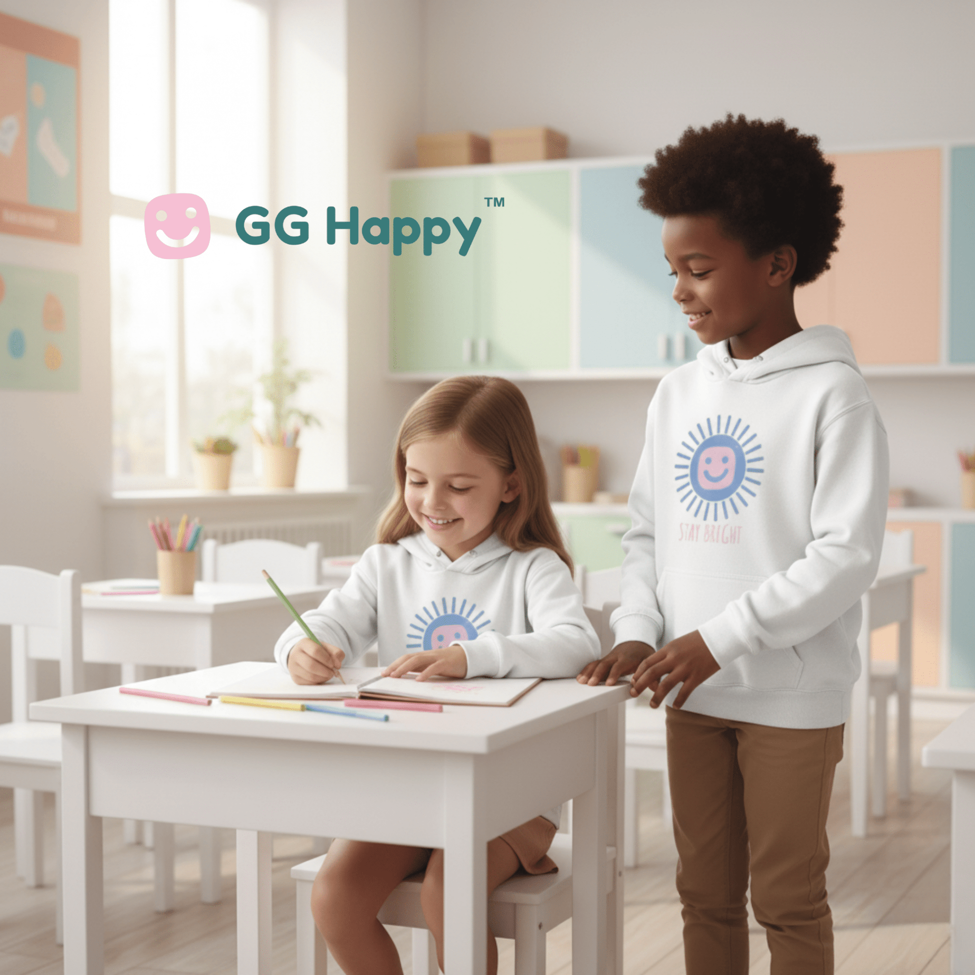 “Stay Bright” Youth Hoodie | White Edition | GG Happy™ Collection | Positive Kids Sweatshirt - GG Happy