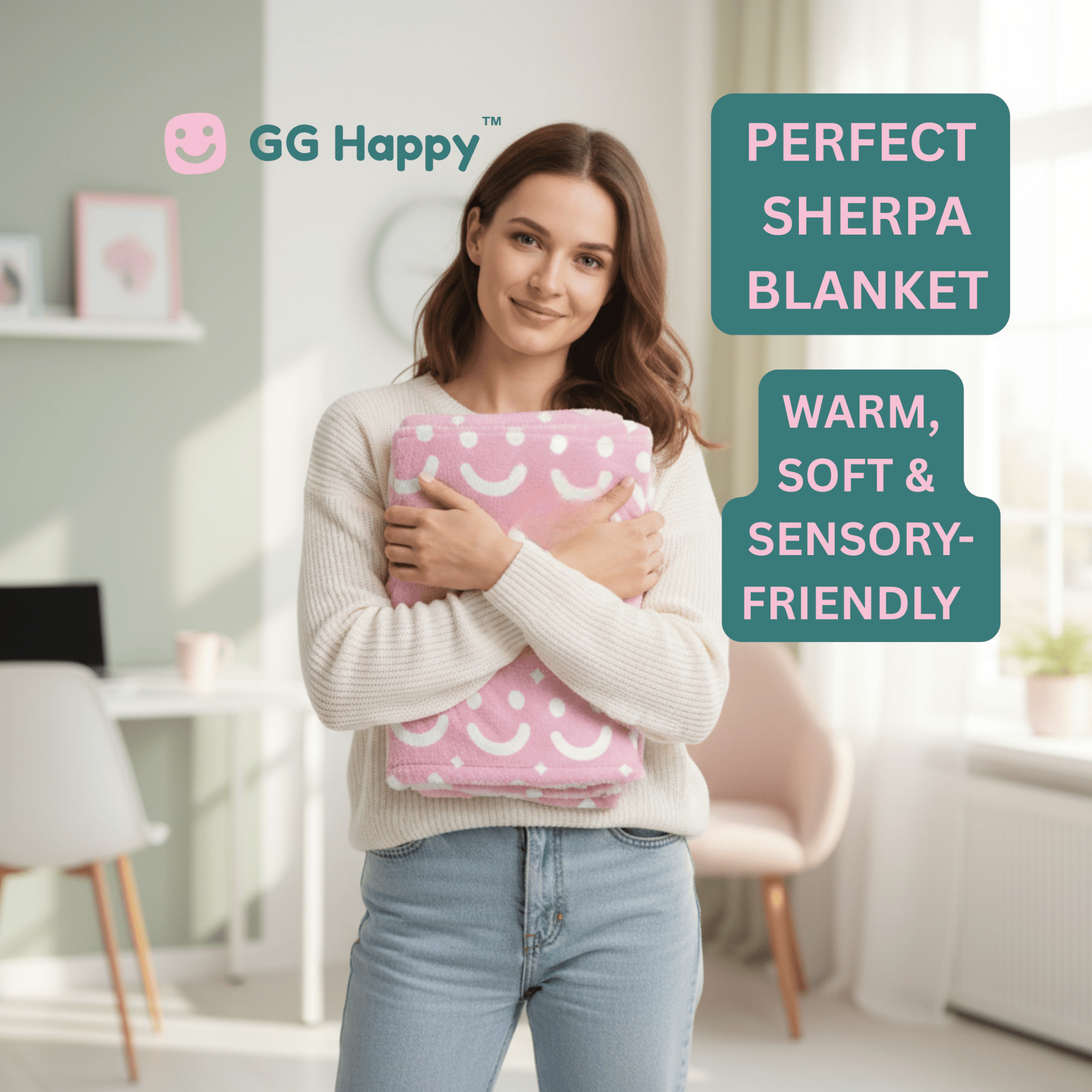 Sherpa Blanket Stay Bright – GG Happy™ Cozy Collection | Soft Pink Smiley Blanket | Perfect Xmas Gift for Moms & Teens - GG Happy