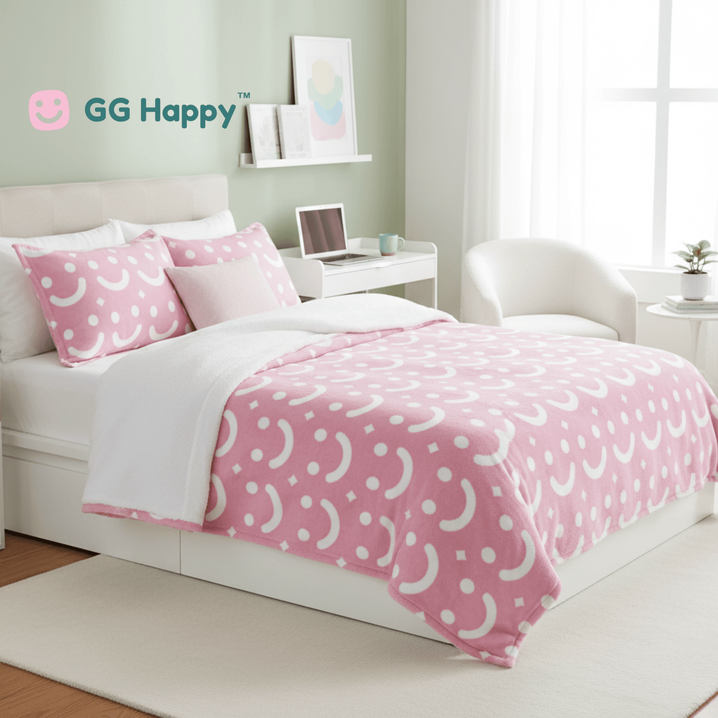 Sherpa Blanket Stay Bright – GG Happy™ Cozy Collection | Soft Pink Smiley Blanket | Perfect Xmas Gift for Moms & Teens - GG Happy