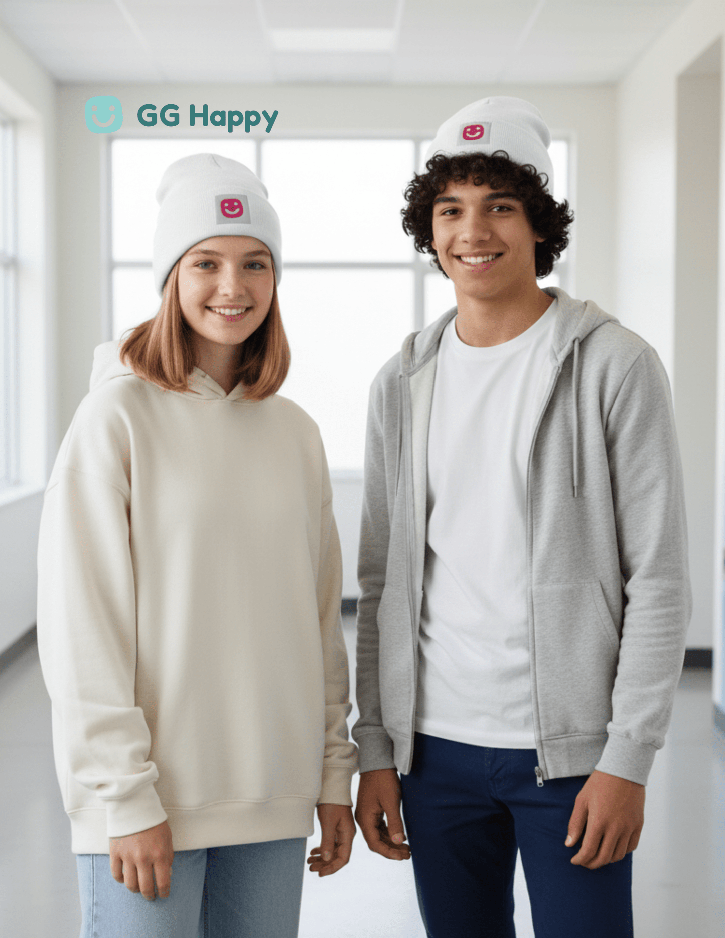 GG Happy™ Embroidered Beanie | Cozy Cotton Knit Hat | Positive Vibes Winter Wear | Mindful Comfort Collection - GG Happy