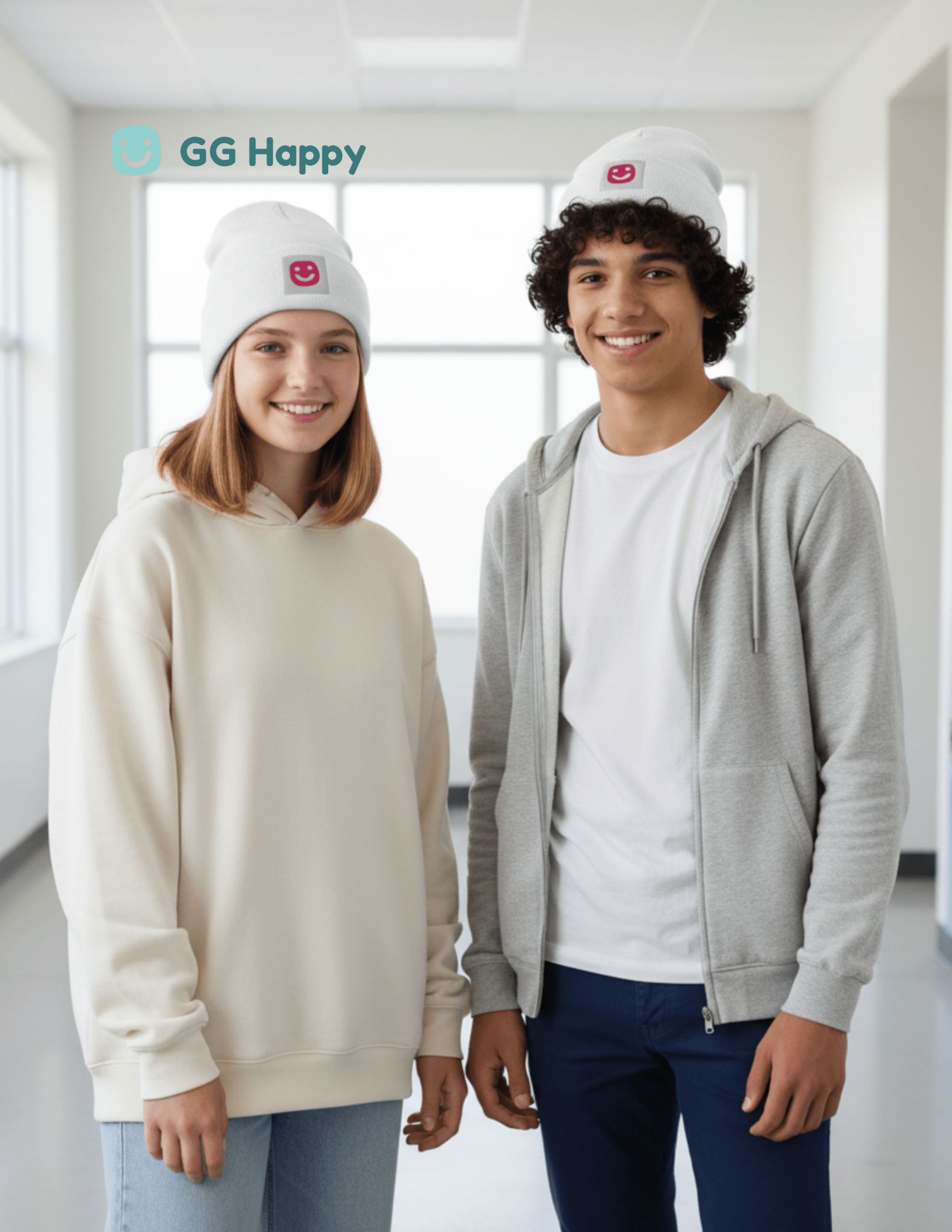 GG Happy™ Embroidered Beanie | Cozy Cotton Knit Hat | Positive Vibes Winter Wear | Mindful Comfort Collection - GG Happy