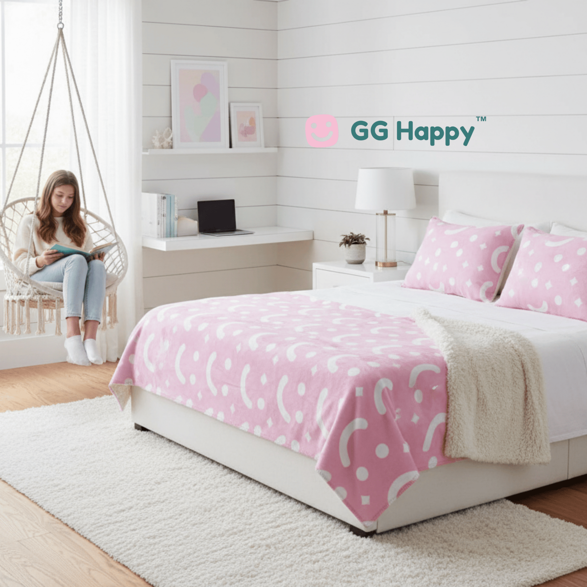 Sherpa Blanket Stay Bright – GG Happy™ Cozy Collection | Soft Pink Smiley Blanket | Perfect Xmas Gift for Moms & Teens - GG Happy