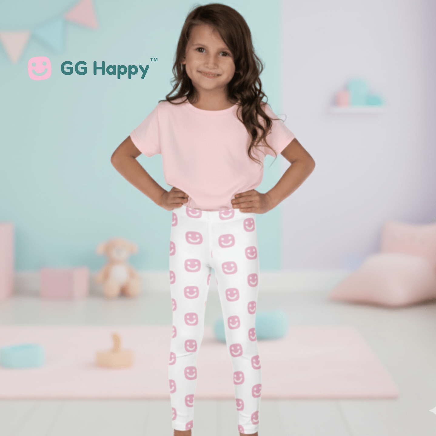 🌸 GG Happy™ Kids Smiley Leggings — Soft Pink Joy - GG Happy