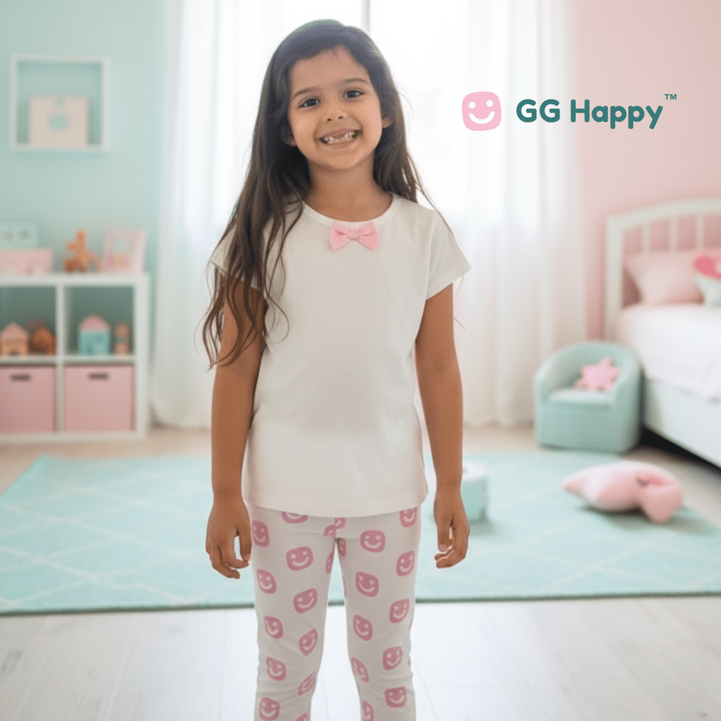 🌸 GG Happy™ Kids Smiley Leggings — Soft Pink Joy - GG Happy