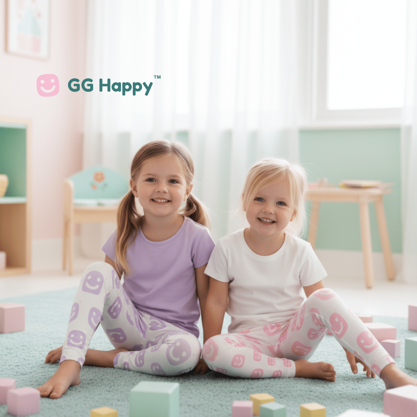 🌸 GG Happy™ Kids Smiley Leggings — Soft Pink Joy - GG Happy