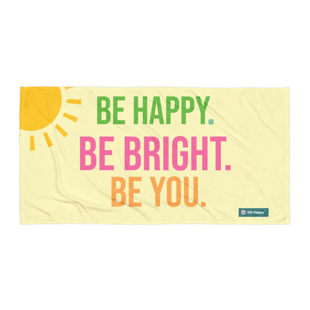 Be Happy Be Bright Be You yellow beach towel with sun from GG Happy