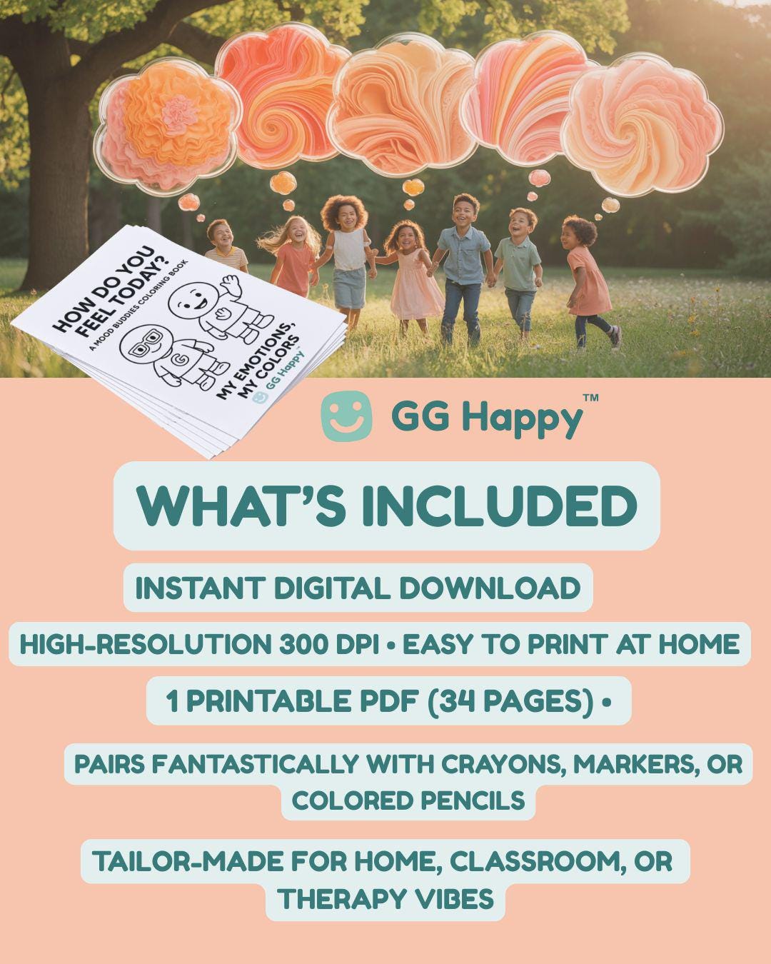 Mood Buddies Coloring Book: Kids Emotional Awareness (Printable PDF) - GG Happy