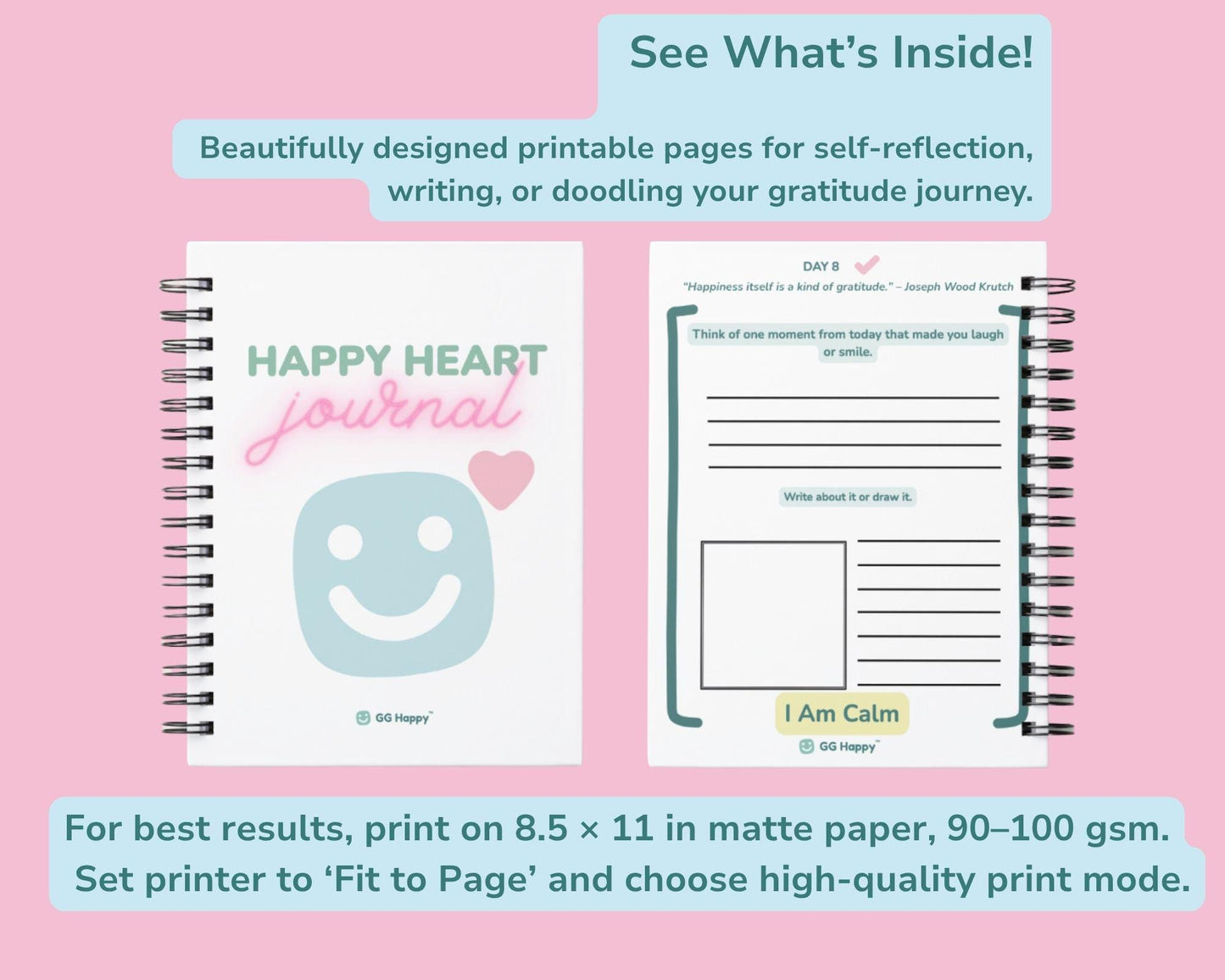 Find Your Calm | Happy Heart Journal for Kids & Adults | 10 - Day Gratitude Challenge Printable | Self - Care (Instant Download) - GG Happy