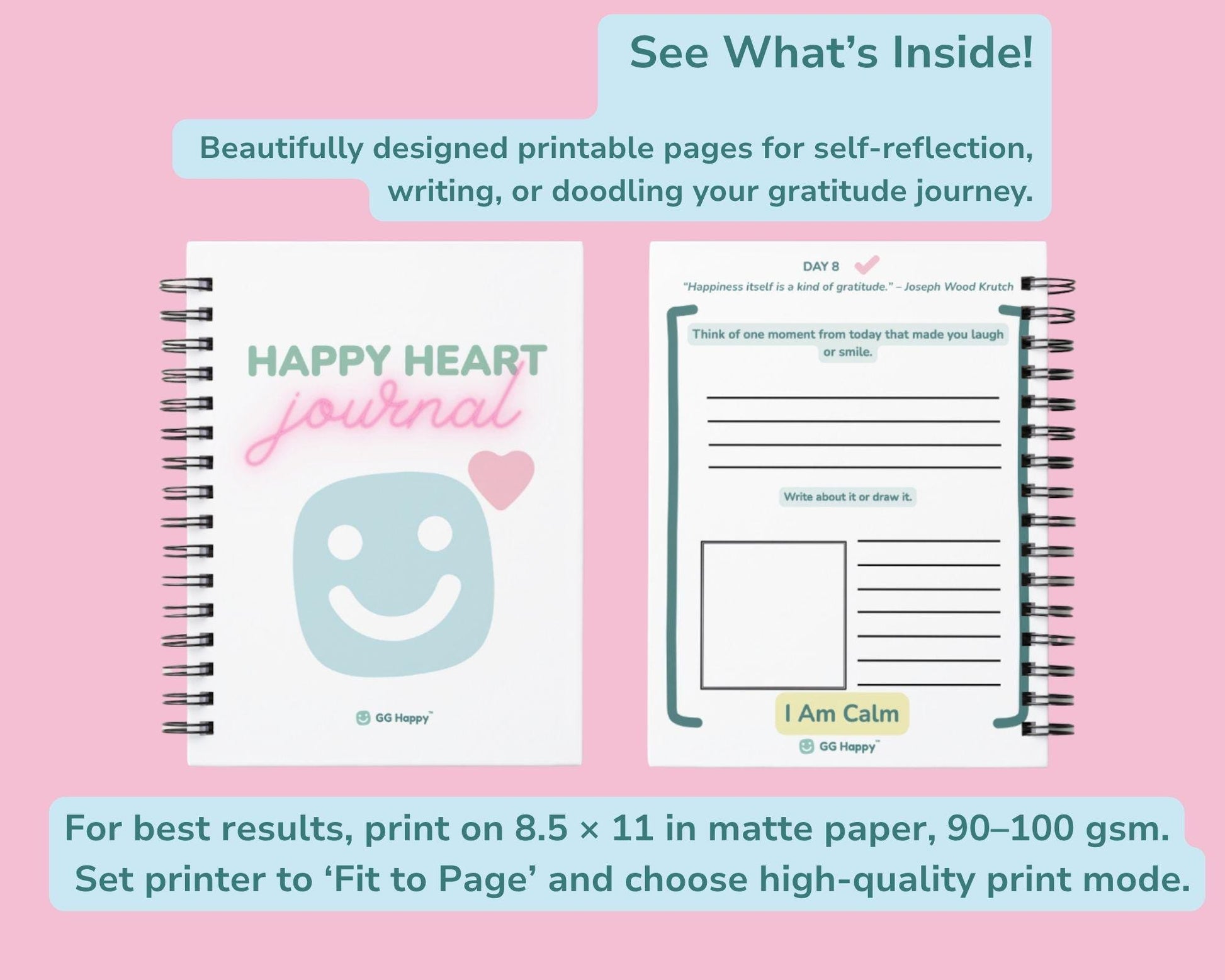 Find Your Calm | Happy Heart Journal for Kids & Adults | 10 - Day Gratitude Challenge Printable | Self - Care (Instant Download) - GG Happy