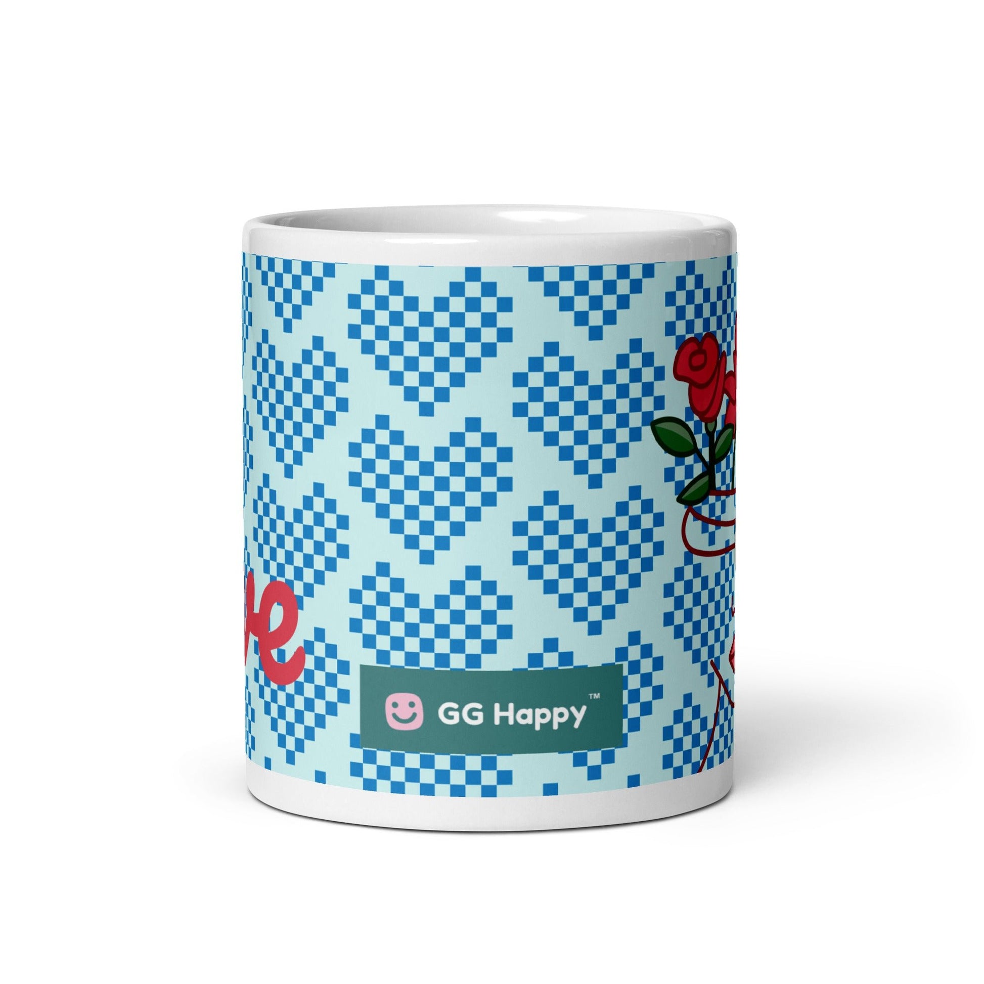 GG Happy™ "Blooming Mind" Mug | Blue Hearts & Roses Ceramic Cup | Self - Care Gift - GG Happy