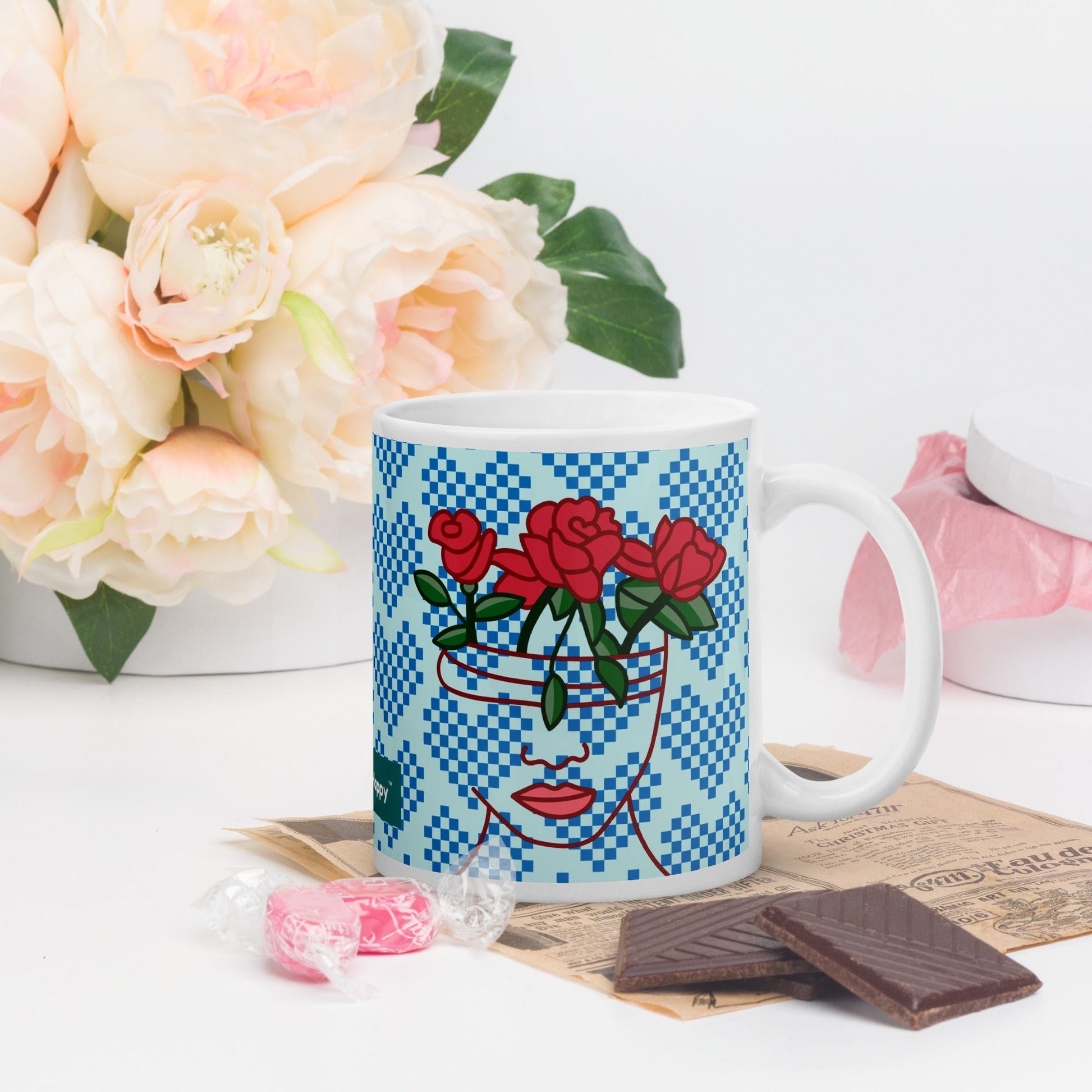 GG Happy™ "Blooming Mind" Mug | Blue Hearts & Roses Ceramic Cup | Self - Care Gift - GG Happy