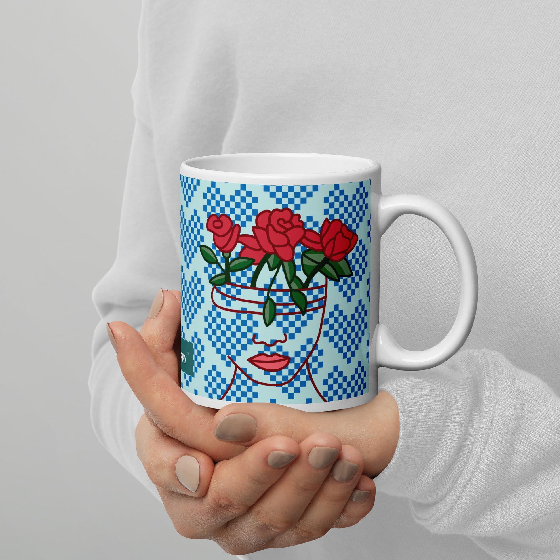 GG Happy™ "Blooming Mind" Mug | Blue Hearts & Roses Ceramic Cup | Self - Care Gift - GG Happy