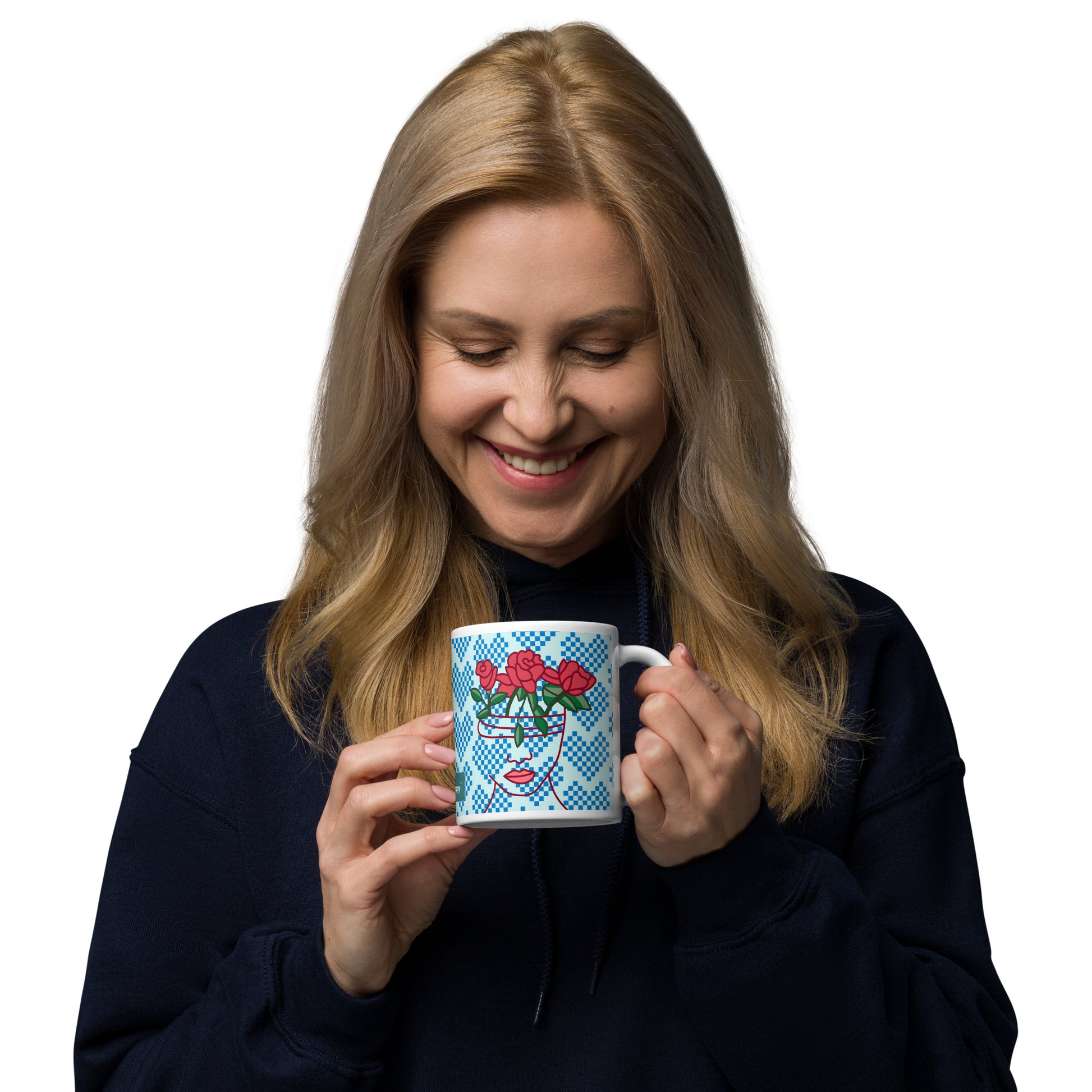 GG Happy™ "Blooming Mind" Mug | Blue Hearts & Roses Ceramic Cup | Self - Care Gift - GG Happy