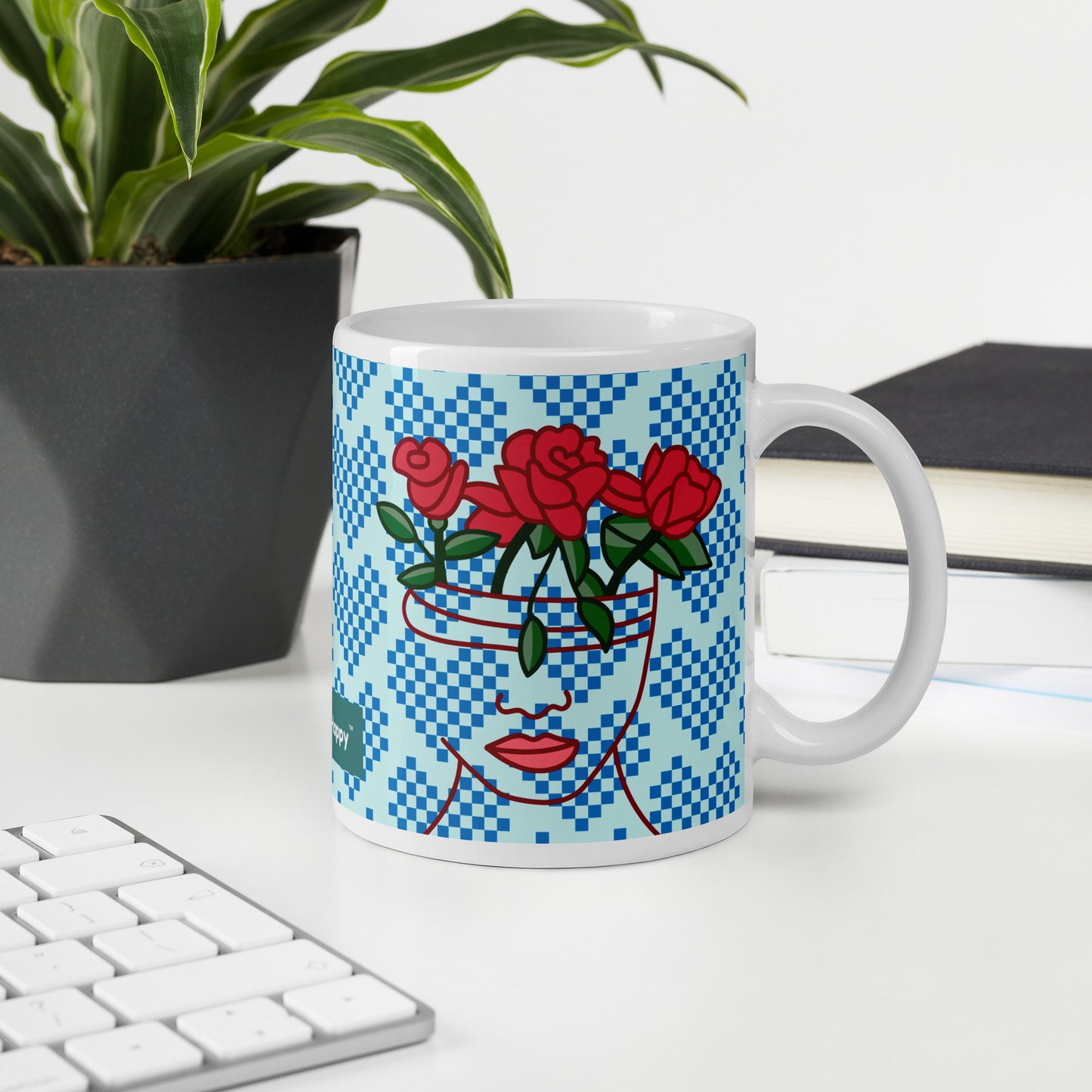 GG Happy™ "Blooming Mind" Mug | Blue Hearts & Roses Ceramic Cup | Self - Care Gift - GG Happy